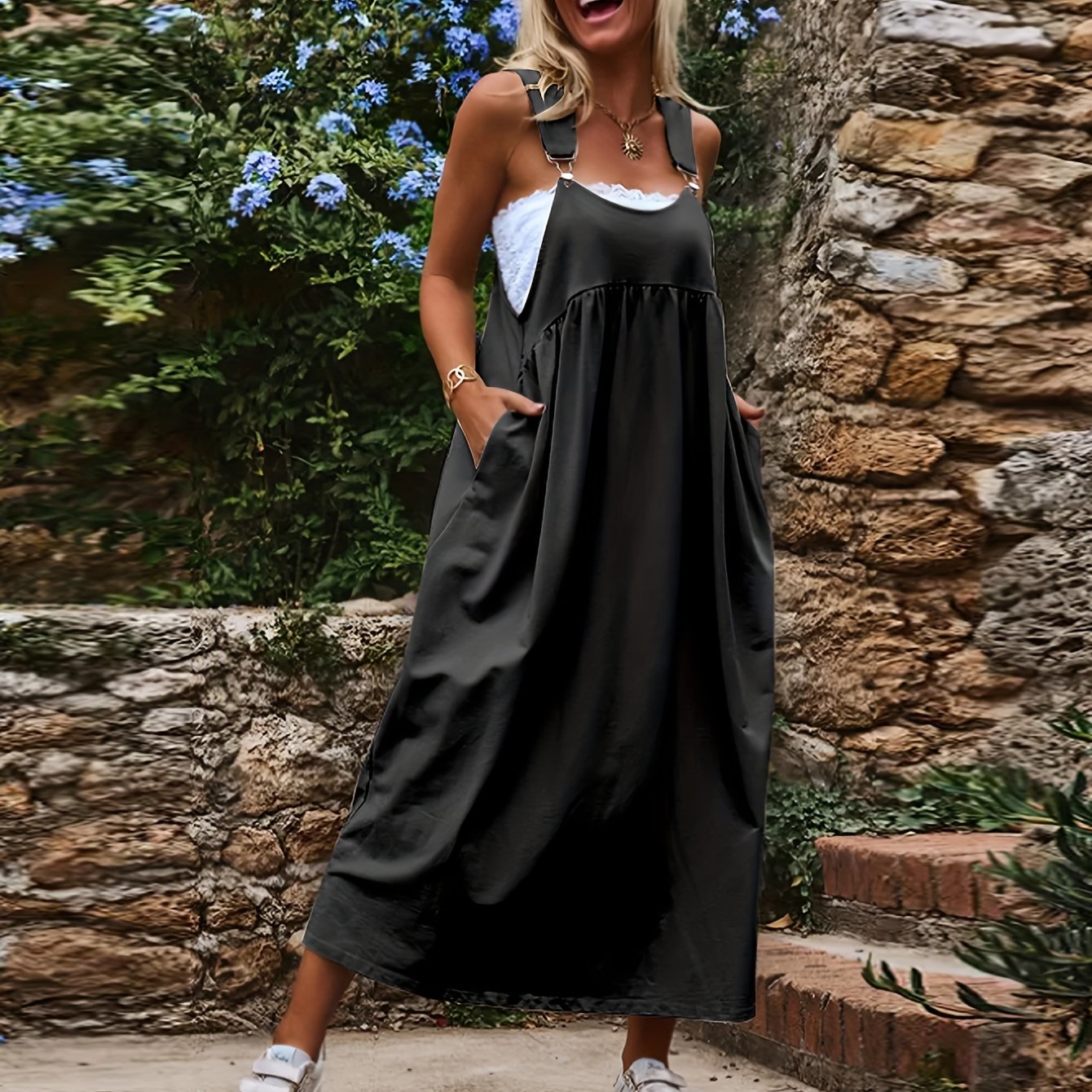 Plus Size Fashion Trendy Casual Versatile Commuter Round Neck Cami Dress - J778-2