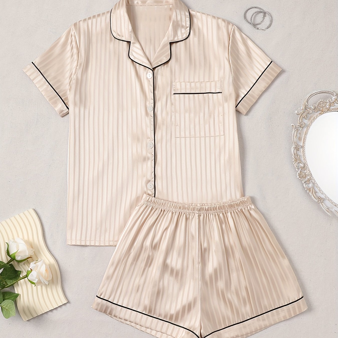 TEMU Spring/summer Women's Satin Stripe Collar Contrast Trim Button-up Two-piece Pajama Set With 1 Short Sleeve Top   1 Shorts
