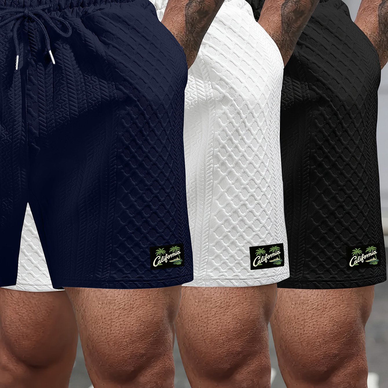 TEMU Men's 3pcs 3d Rhombus Shorts, Summer Lightweight Breathable Drawstring Loose Regular Fit Versatile Trendy Casual Athletic Shorts For Fitness And