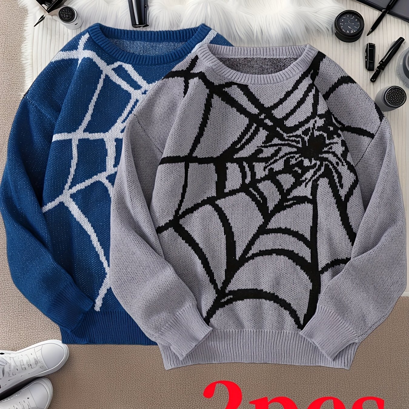 two pack mens spiderweb pattern knit sweatshirt navy blue - Temu 