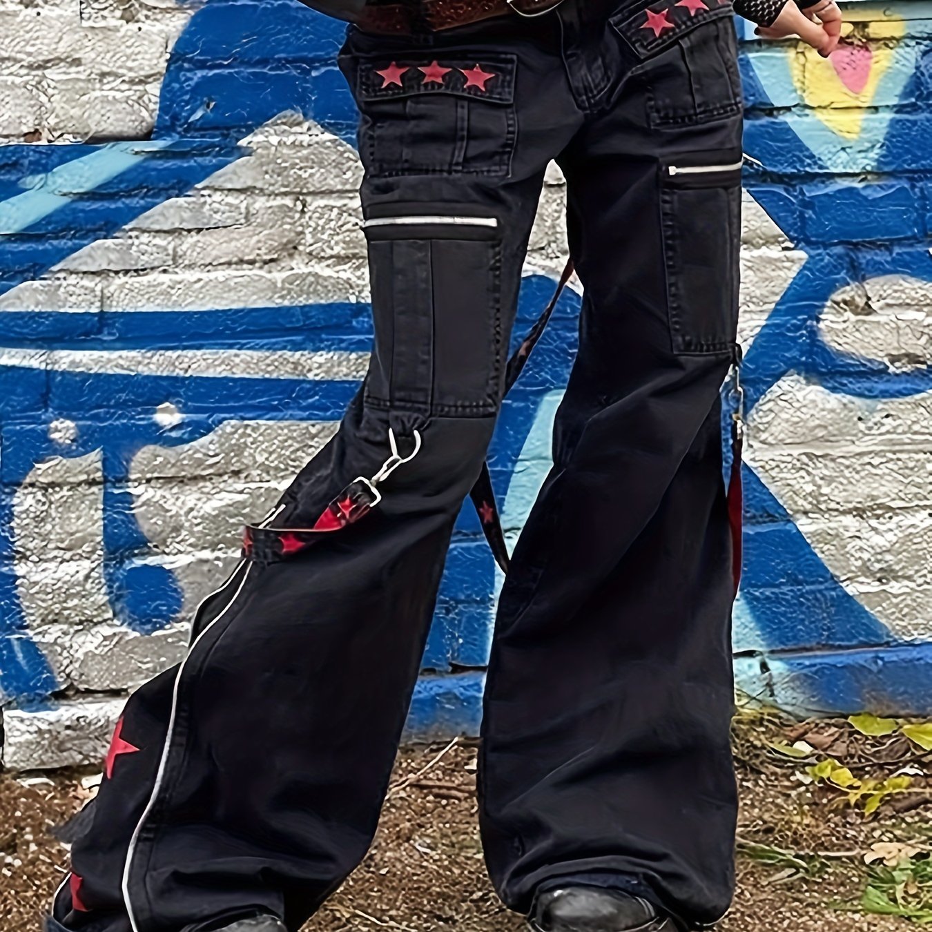 TEMU Women's Gothic Loose Fit Jeans With Contrasting Black Ribbons & - Casual Denim Pants For All , , Machine Washable