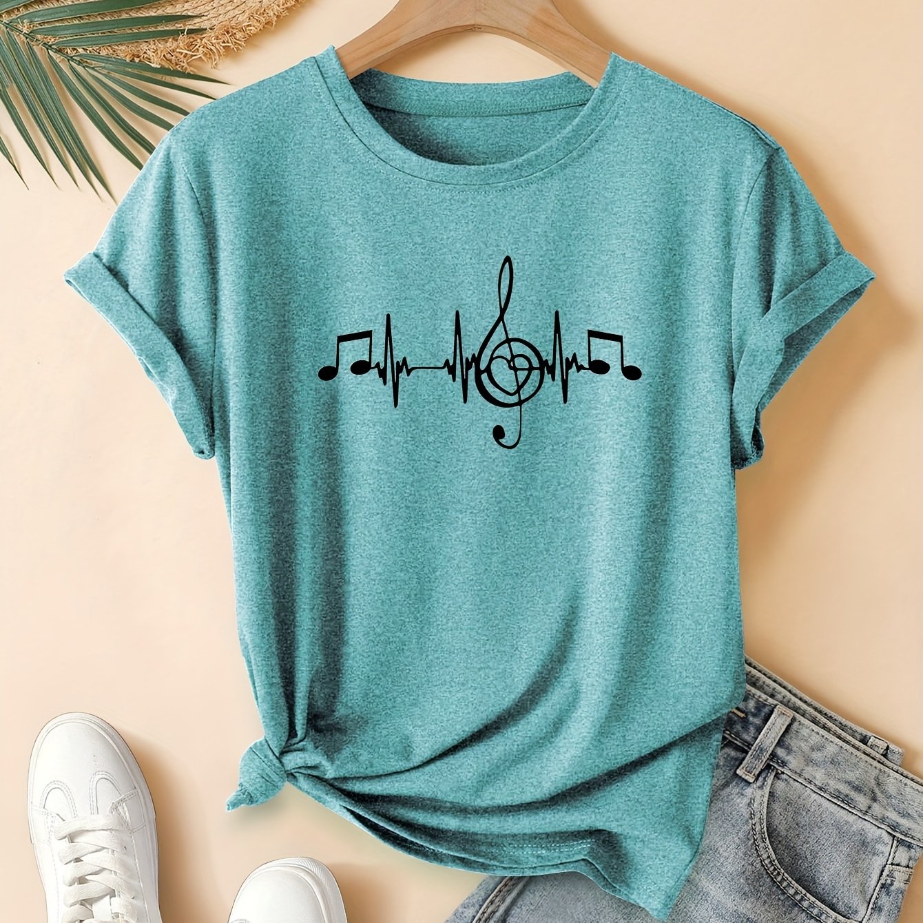TEMU Music Note Ecg Print Fashion Retro Style Women's Spring Autumn Winter Casual Sports Style Round Neck Short Sleeve T-shirt