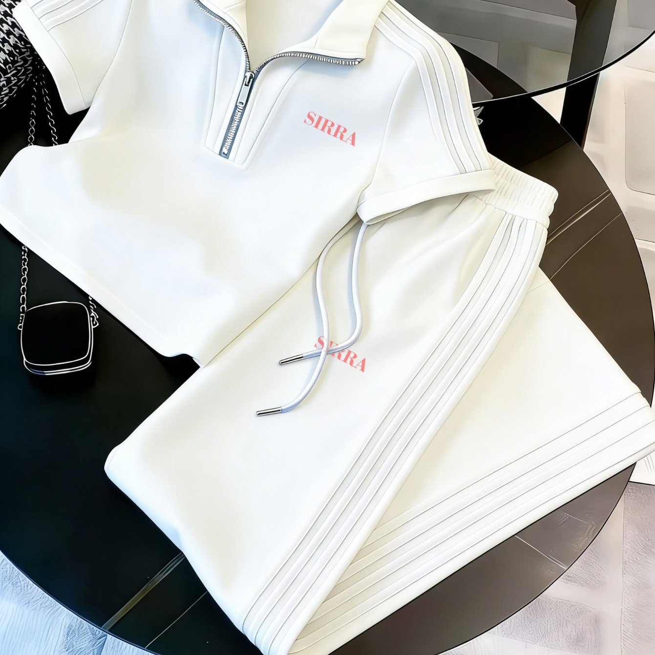 2026 New Zip-up Shirt Casual Sporty Two-piece Set - Geometric Collar Zip-up Shirt And Shorts, Perfect For Daily And Holiday Gifts