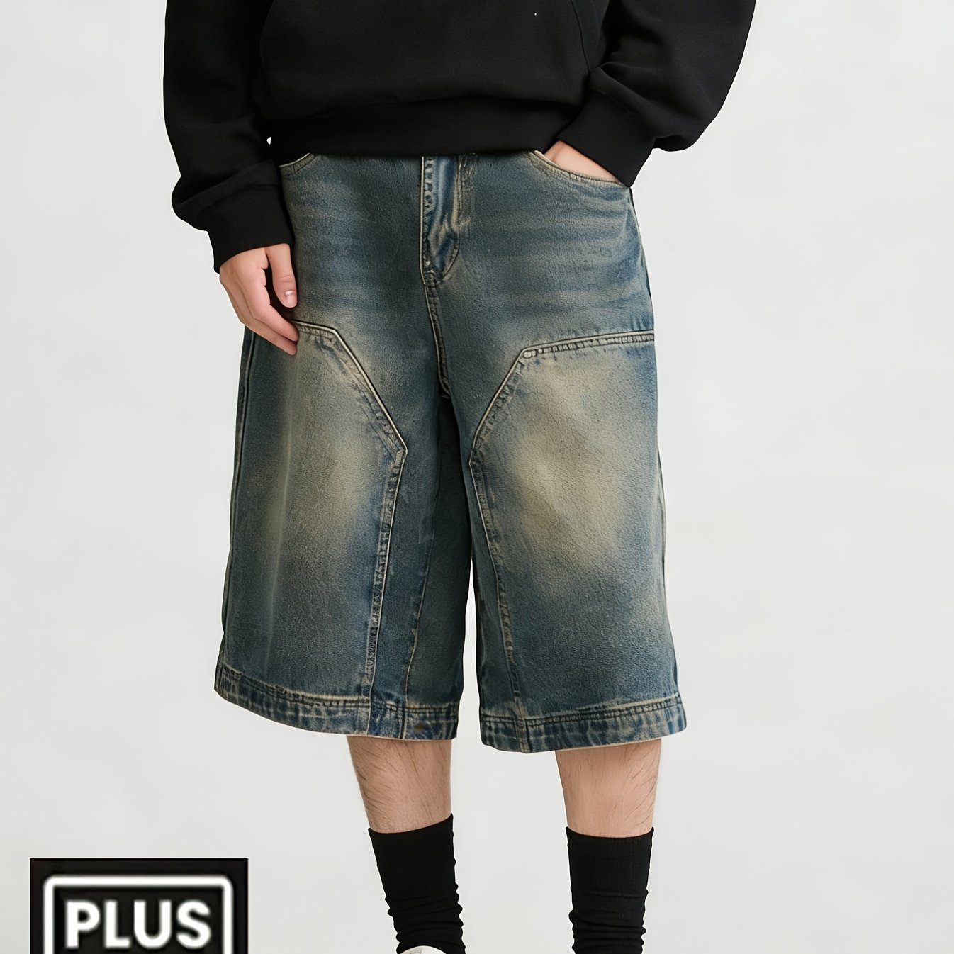 Image of Hme, Plus Size Denim Shorts, Y2k Retro Shorts, Wide-leg Oversized Five-, Street Casual Loose Wash Jeans Shorts, Summer, Retro Size Male Denim Shorts, Retro Style