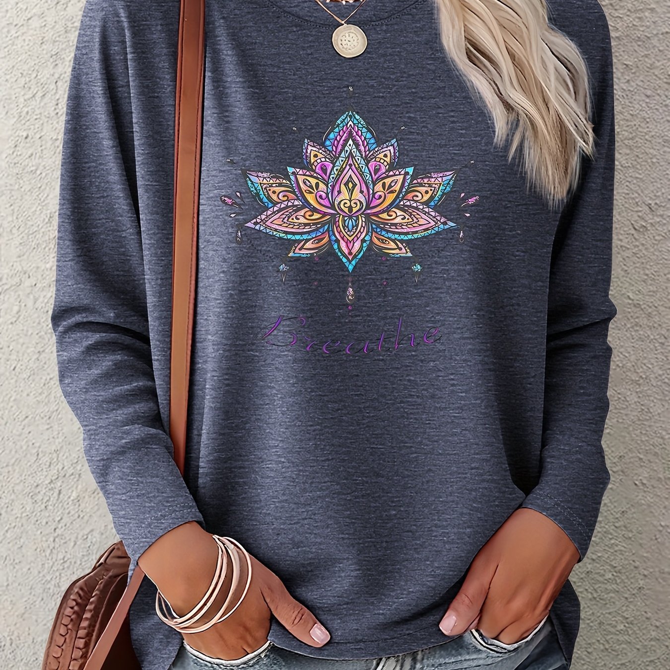 TEMU Women's Elegant Mandala For Lotus Yoga T-shirt - Long Sleeve Round Neck Blouse With Mandala & For Lotus Flower Print, Loose Fit For , Casual
