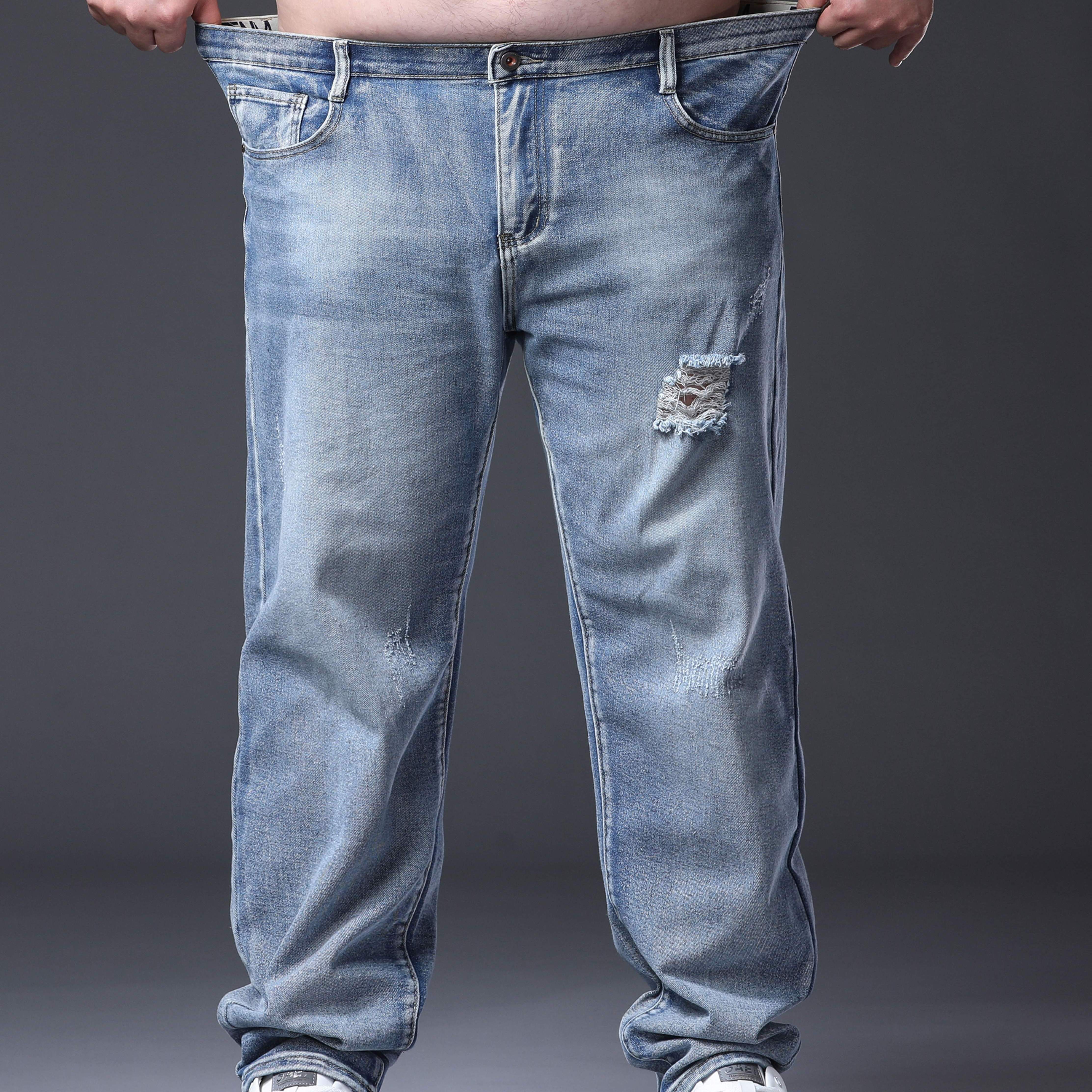 Image of Plus Size Stretch Denim Jeans 2xl-6xl, Men's Elastic Denim Fabric, Without Tightness, Ripped And Patched Design, Loose Fit For Movement, Suitable For Over 200 , Durable Wrinkle-free And ., Plus Size