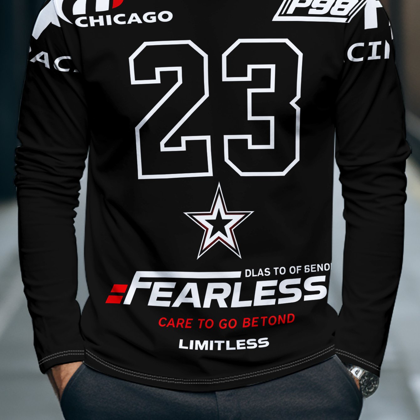 TEMU Men's Individual Trendy Brand Long Sleeve T-shirt With Fr, Fh Racing-related Logos And Fearless Theme Design - Street Style Full Print, Easy To