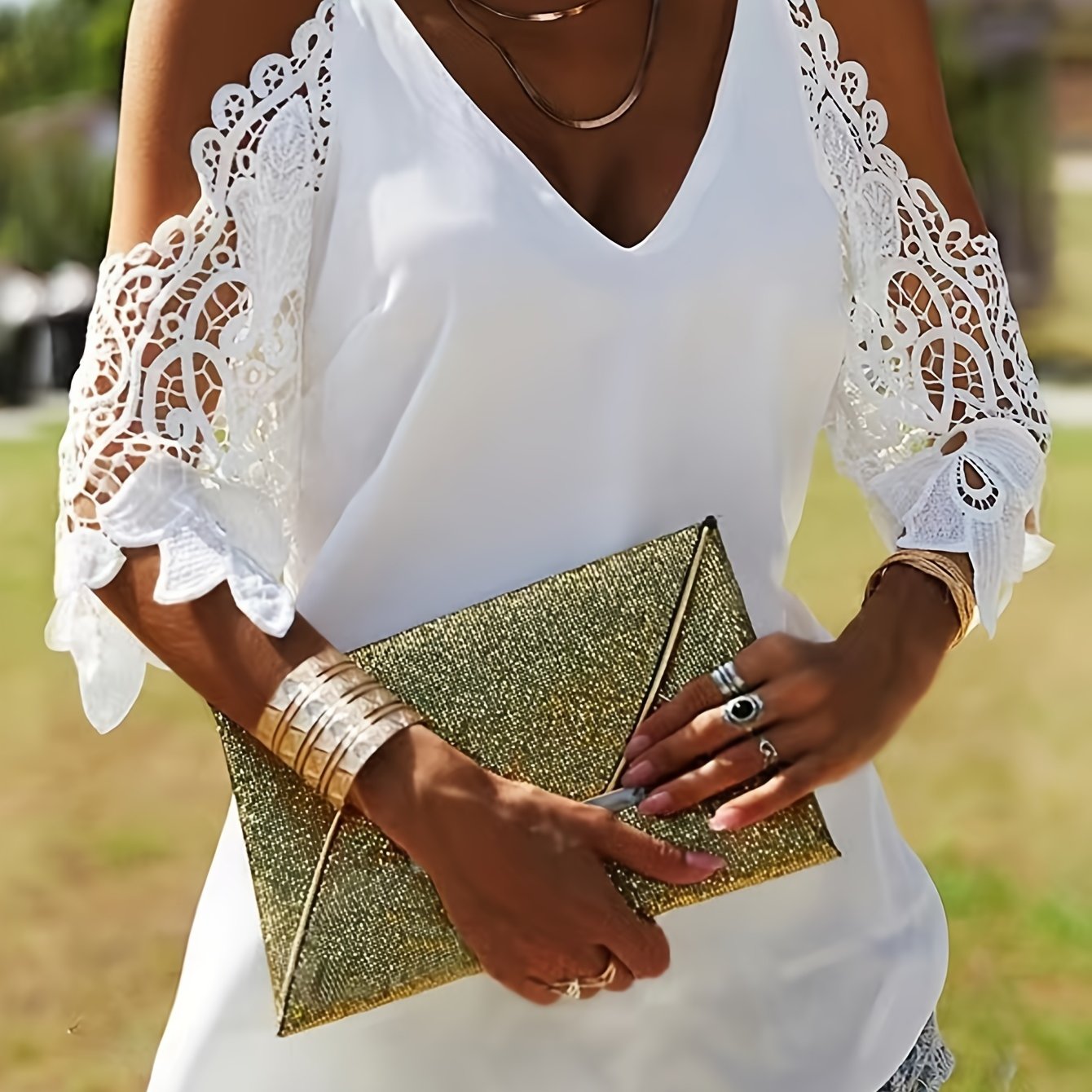 Women's Sexy Off-shoulder V-neck Lace Sleeve Blouse - Contrast Lace & Semi-sheer Lightweight Top For Spring/summer, Machine Washable Elegant Casual To Formal Wear, Summer Fashion, No Stretch Fabric