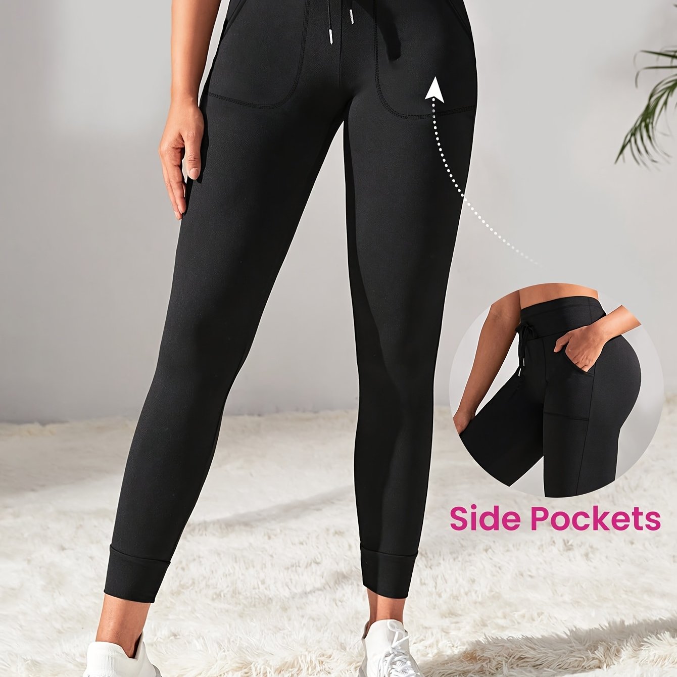 TEMU Pantalon de sport noir taille haute pour femmes avec cordon de serrage, pantalon décontracté avec poches, style toutes , joggers légers et en