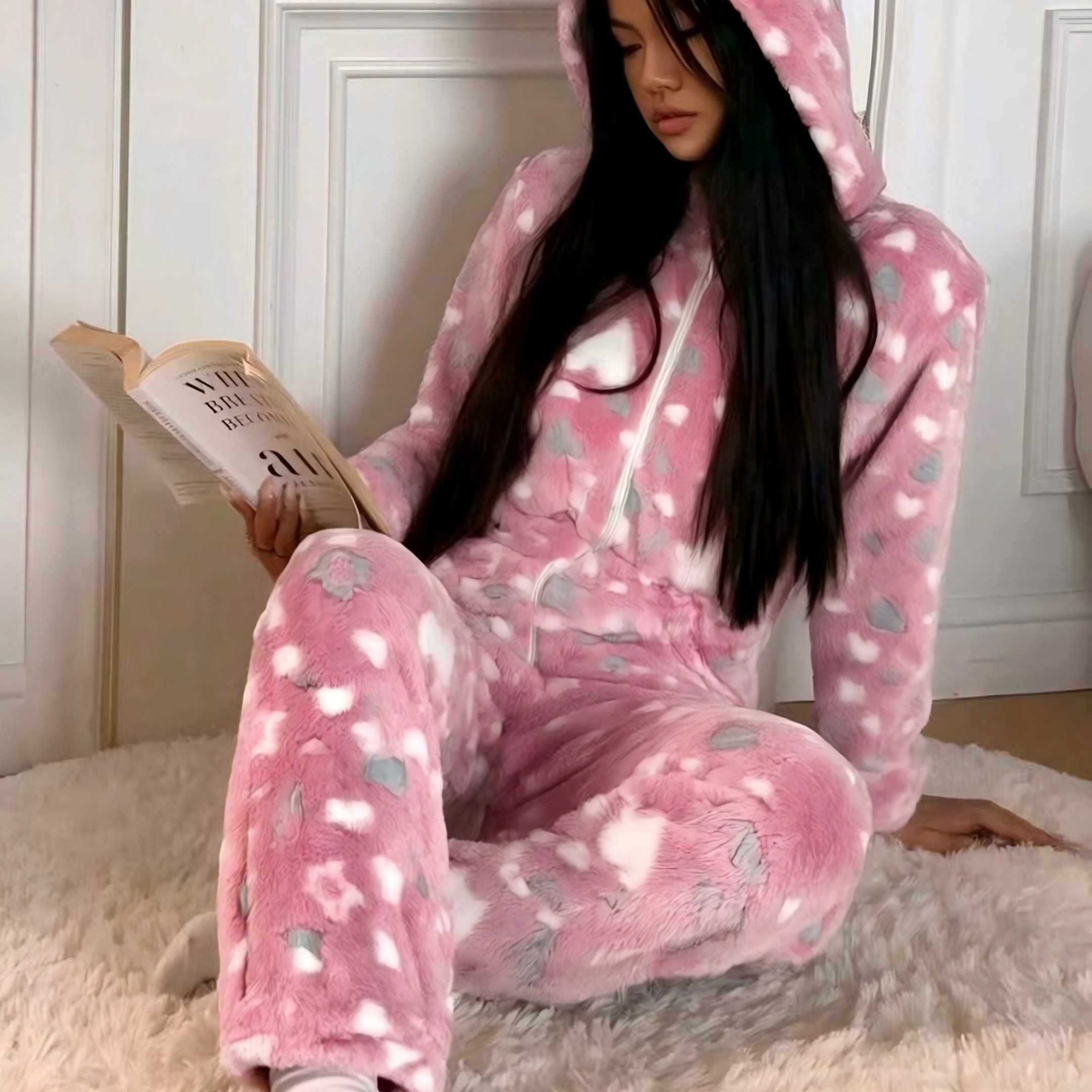 TEMU [black Friday ]autumn And Winter Flannel Long Sleeved Long Pants Jumpsuit Sleepwear For Women, -shaped Jumpsuit With Zipper And Offset Printing