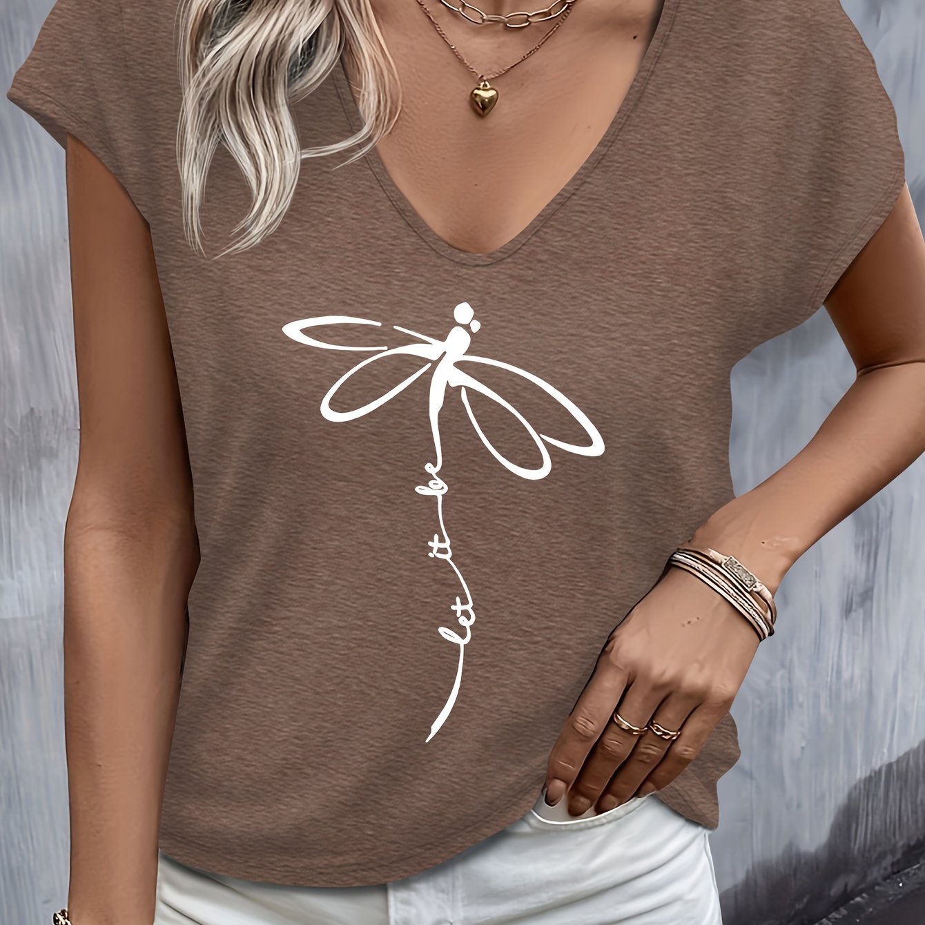 TEMU Women's Casual V-neck T-shirt With Dragonfly Graphic " Be" Design - Short Sleeve, Stretchy Fabric, Beige Color, Spring/summer Outfits, Casual