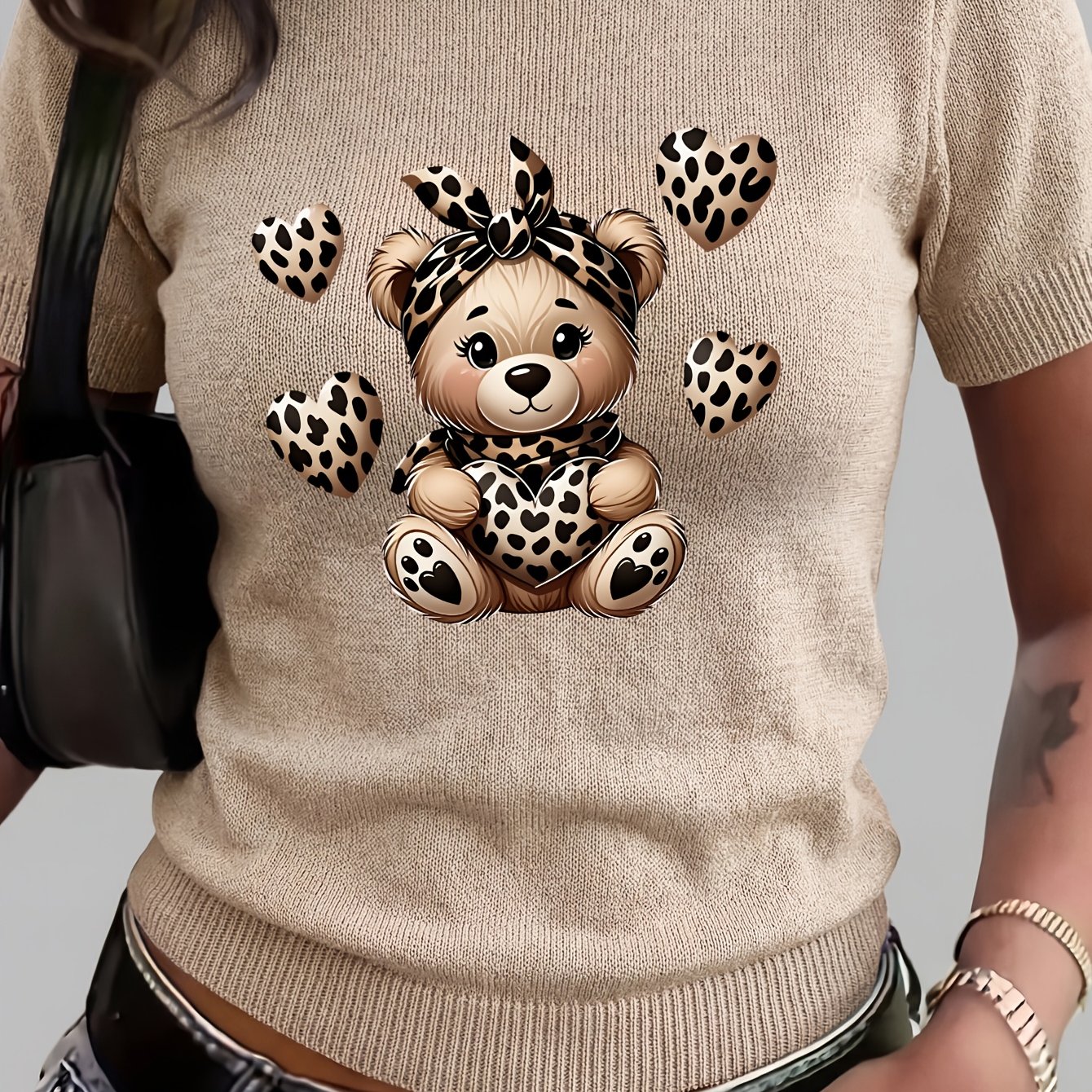 TEMU T-shirt da donna casual a maniche corte con scollo , design con orso e illustrazione con stampa leopardata, top casual facile da abbinare,