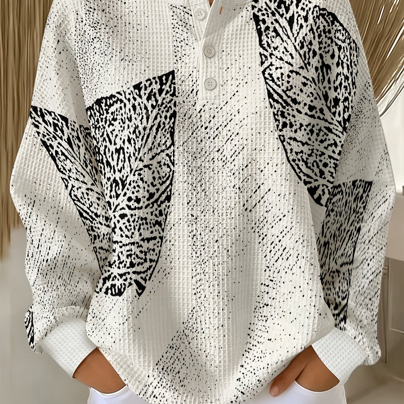 TEMU Women's Button Henley Collar Waffle Long Sleeve Top Black And White Polka Dot Leaf Printed Casual Pullover Sweater
