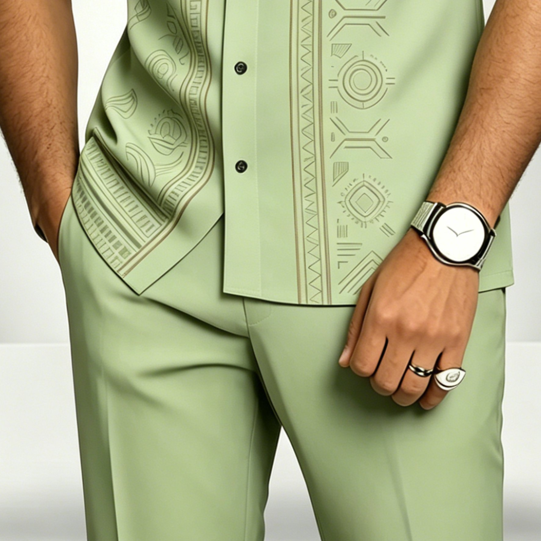 Image of Men's African Tribal Print 2pcs Suit, Short-sleeved Collar Button-up Shirt And Long Pants Set, Traditional Attire, Suitable Weddings, Parties, Office And Casual Attire