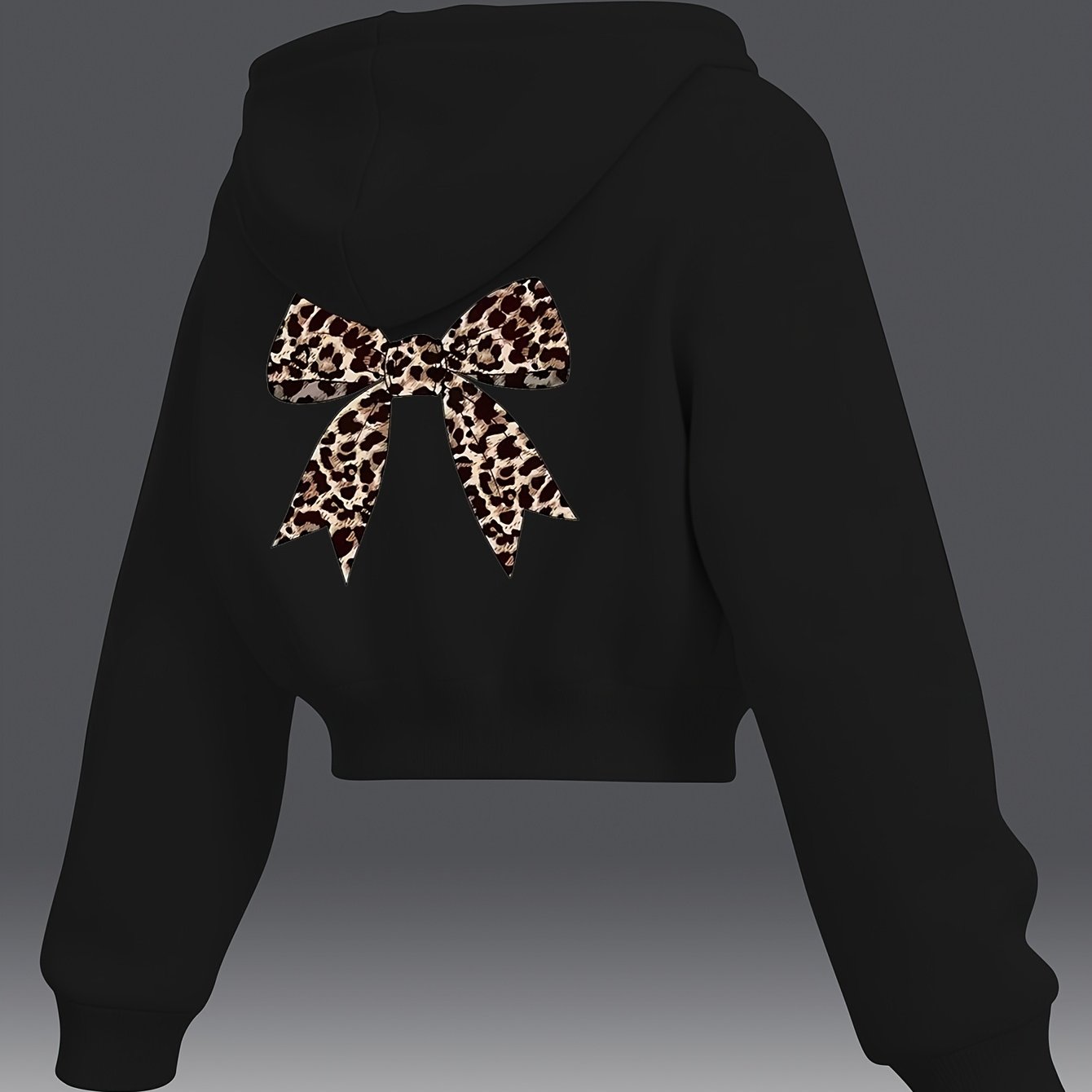 TEMU Autumn/winter Women's Cropped Hooded Sweatshirt, New Style With Leopard Print And Bow Accent, Cropped Slim Fit Hoodie, Autumn/winter -lined With