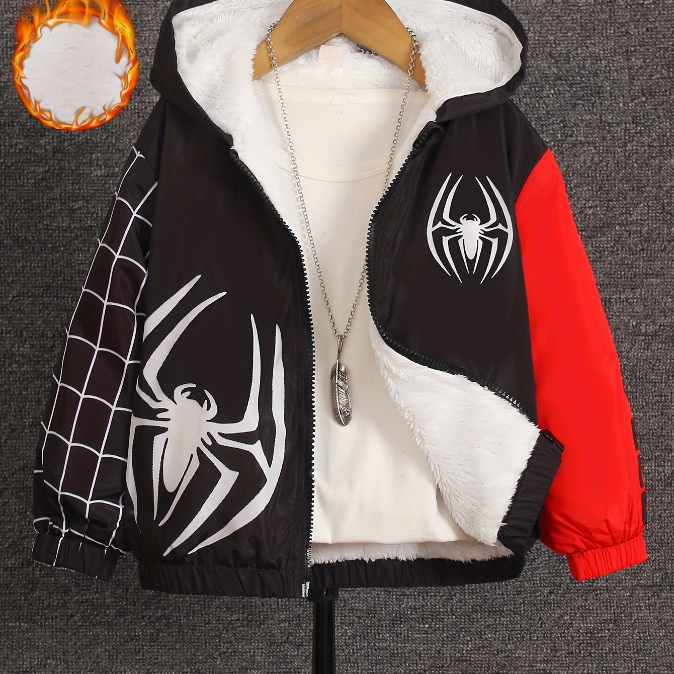 Boys' Spider Print -lined Zip-up Short Jacket,fall And Winter Clothes