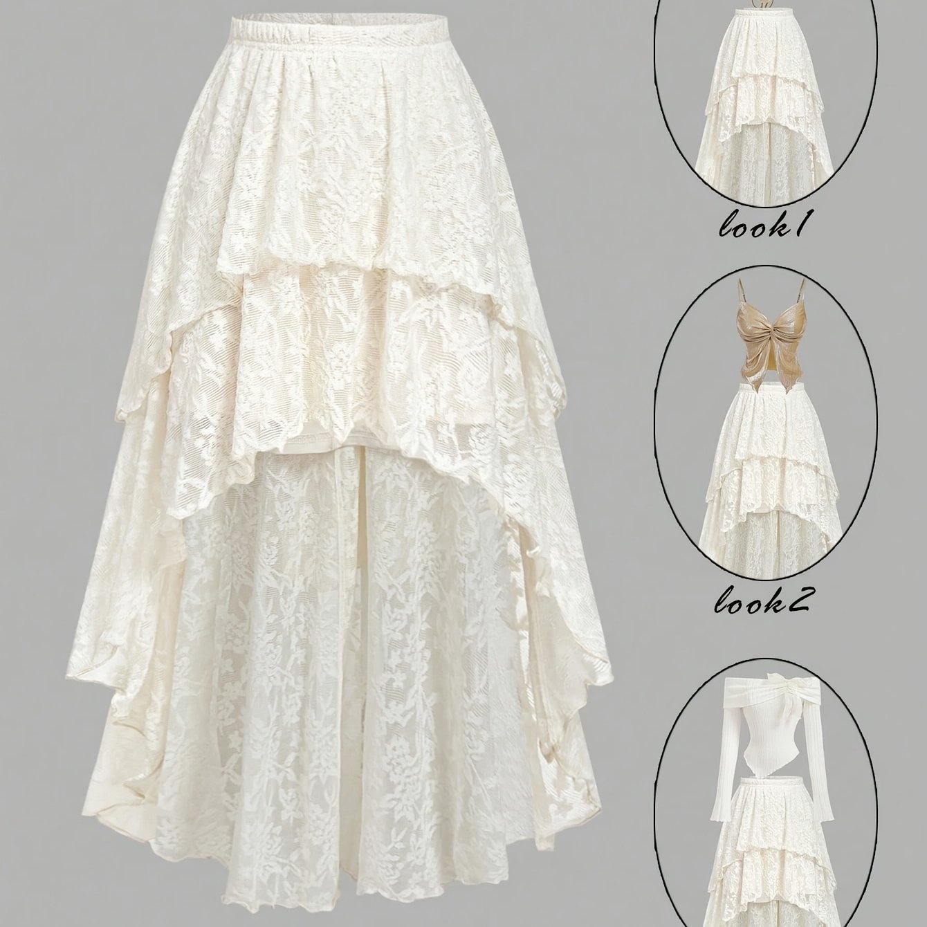 TEMU Vintage königlicher floraler Jacquardrock in Beige mit doppellagigem Saum, kurzem langem hinteren Design, elegant vielseitig. für