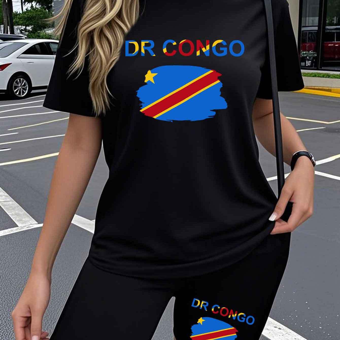 TEMU Women's 2pcs Set, Artistic Trendy Dr Congo Print Design, Round Neck T-shirt And Elastic Waist Shorts, Stretchy Summer Outfit For Casual Yoga ,