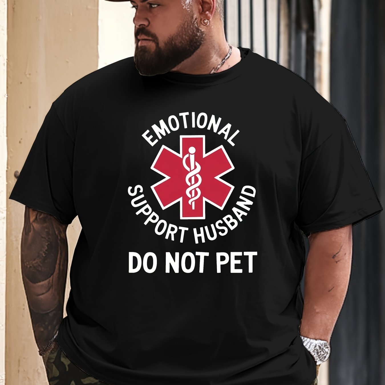 TEMU Emotional Support Husband Humorous T-shirt Large Loose Fit Retro Crew Neck Short Sleeve Tee With Funny Text Print Suitable For Casual Wear Gifts