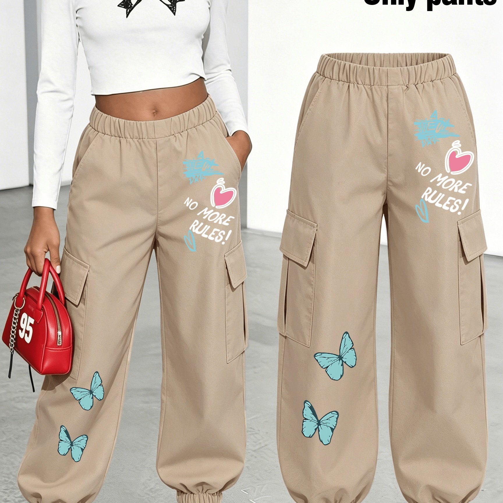 TEMU New Arrival - Women's Cargo Pants Sold Individually, Cute And Fun Patterned Letter Print Work Pants With Multiple Pockets, Featuring Letter And