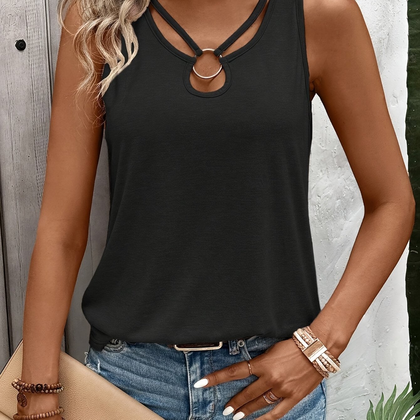 Women' Color Keyhole Neckline Tie Ring Decor Hollow-out Casual Summer Vest