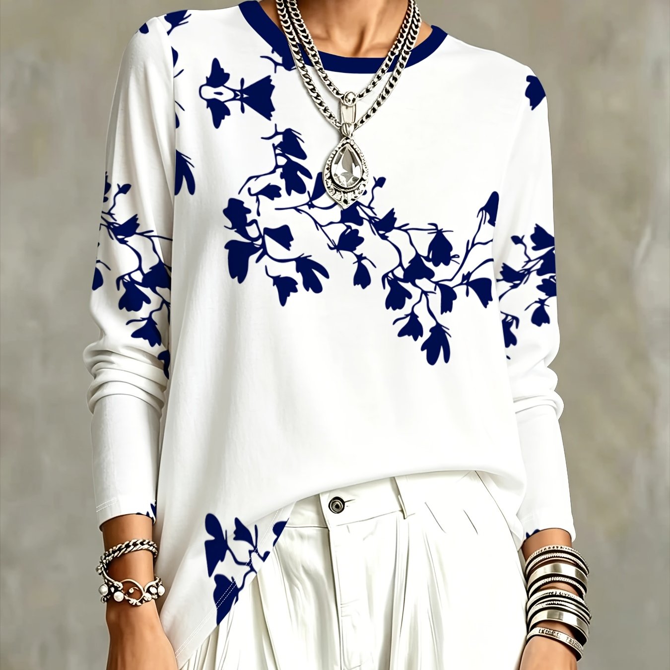 TEMU Women's Printed Long-sleeve Top In Blue Floral Pattern, Loose Leisure All-matching, Fashionable And Trendy For Everyday Wear, Thin And