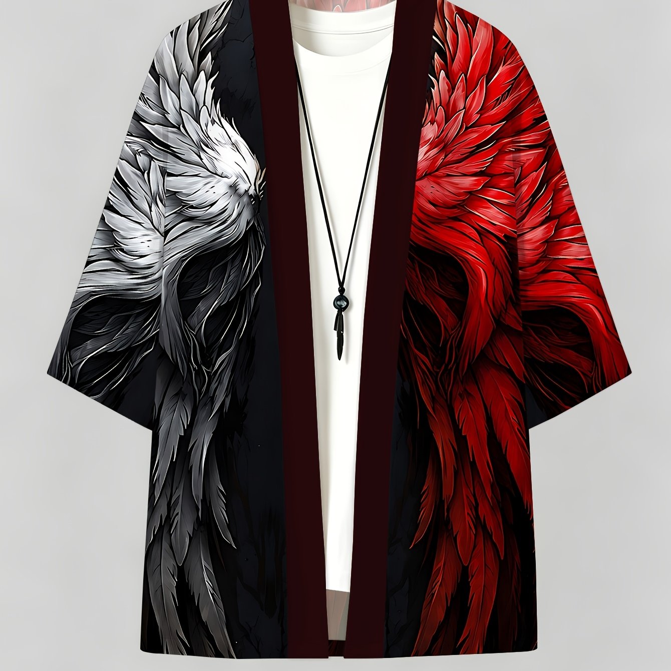TEMU [print Design - Not Textured] Summer 's Kimono Cardigan, Loose Casual Trendy Thin Cloak Coat Men's Red Silver Dual-tone Wing Pattern All-match
