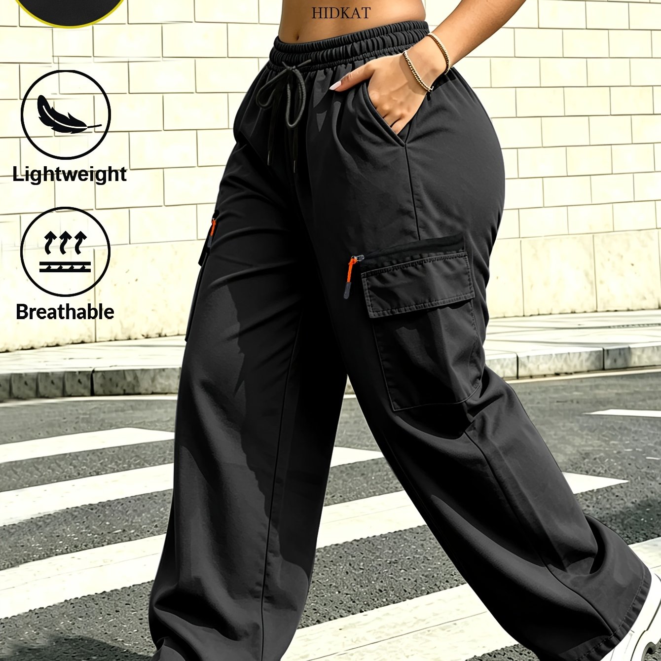 TEMU Women's High-waisted Cargo Pants With Multi- & Zipper Closure - Wide-leg Trousers Suitable For, Outdoor, Daily Wear | Adjustable Drawstring