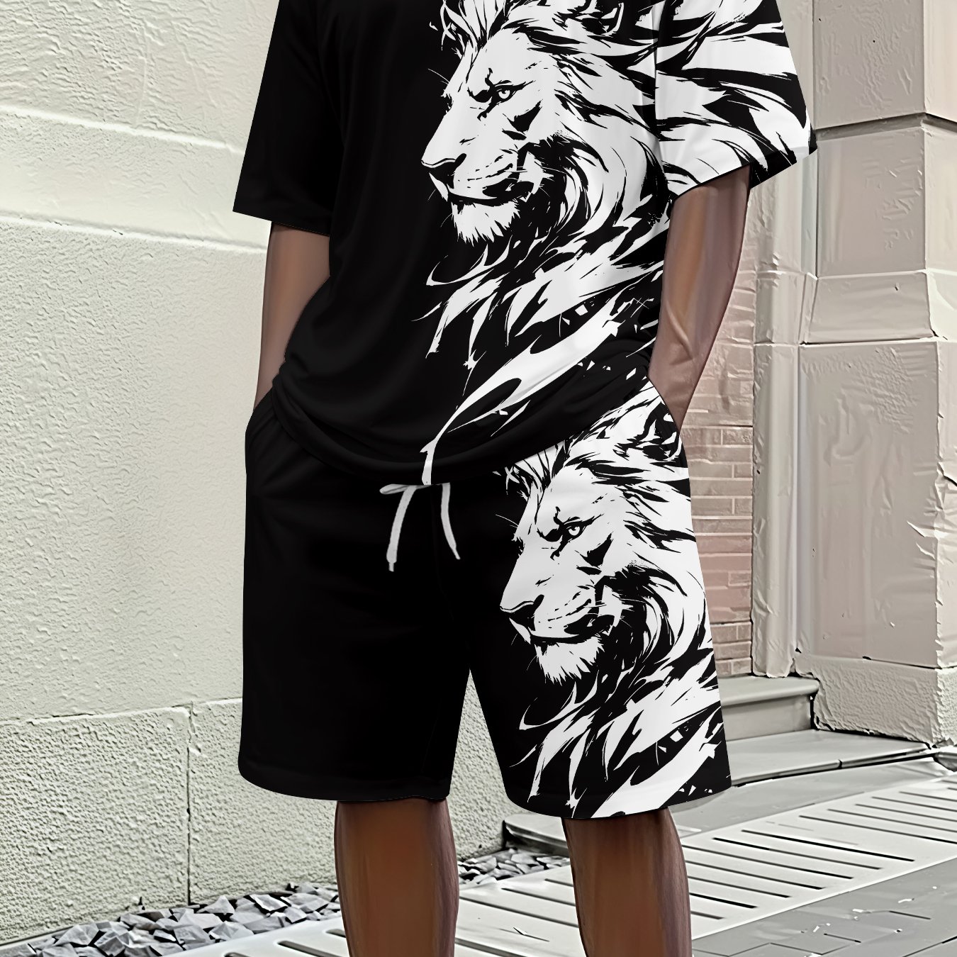TEMU Heren Casual Outfit met Korte Mouwen voor Lente en Zomer, met een Trendy Zwart-Wit Leeuwkop Kunstprint, Stijlvolle Set met Korte Mouwen en