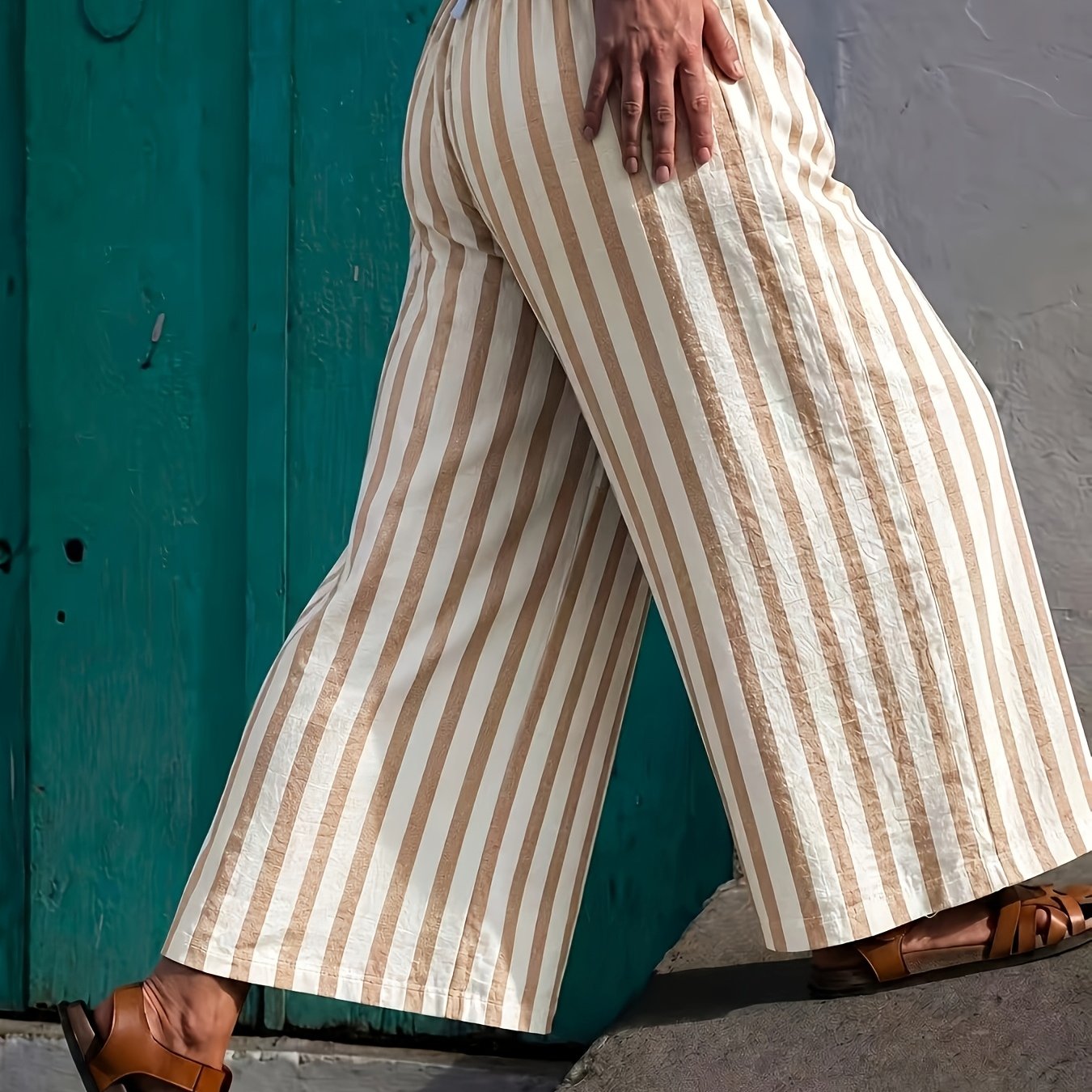 TEMU Western -white Vertical Striped Wide-leg Pants Elastic High-waist Drapey Loose Straight Casual Long Trousers