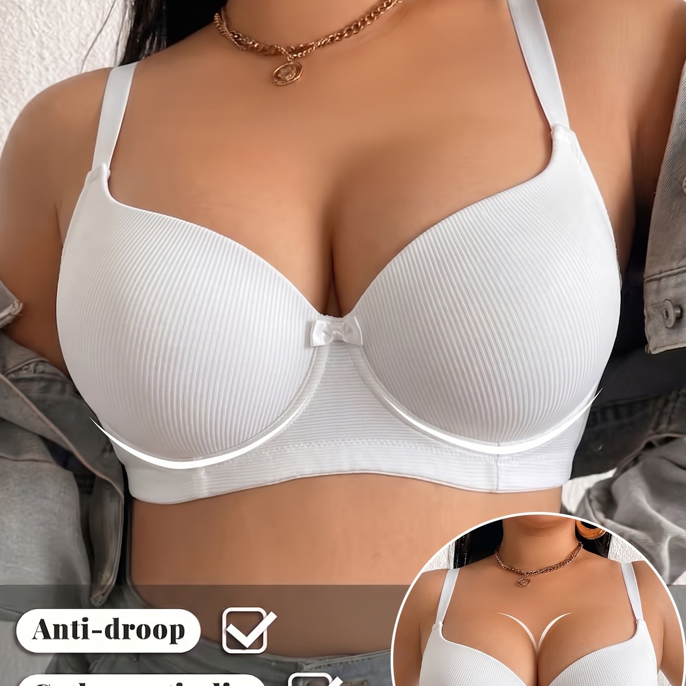 Image of Plus Size Women's Bra With Ribbed Fabric, Underwire For Lift And Anti-sagging, Breathable Cup Pads, And Exquisite Bow Decoration