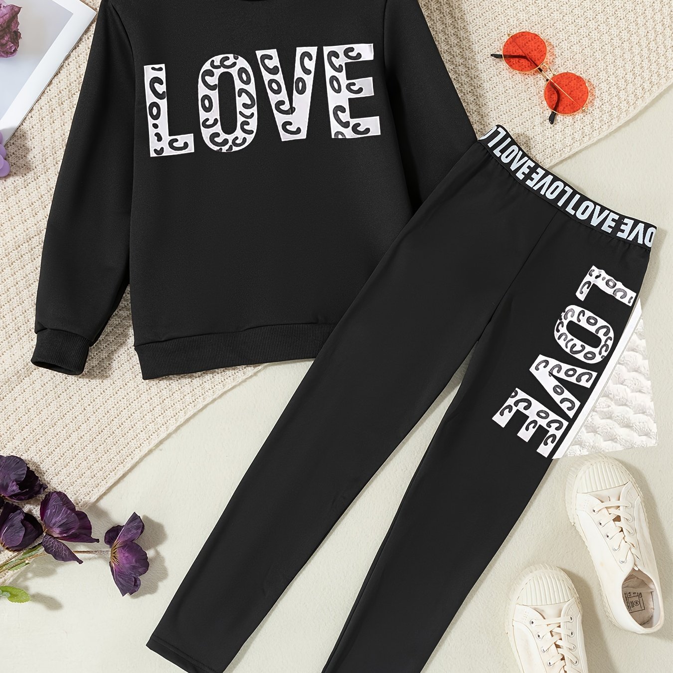 2pcs Girls' Spring/autumn Comfortable Love Pattern Round Neck Long Sleeve Top And Stretch Leggings/outdoor Casual Set/athletic Set, For Outdoor