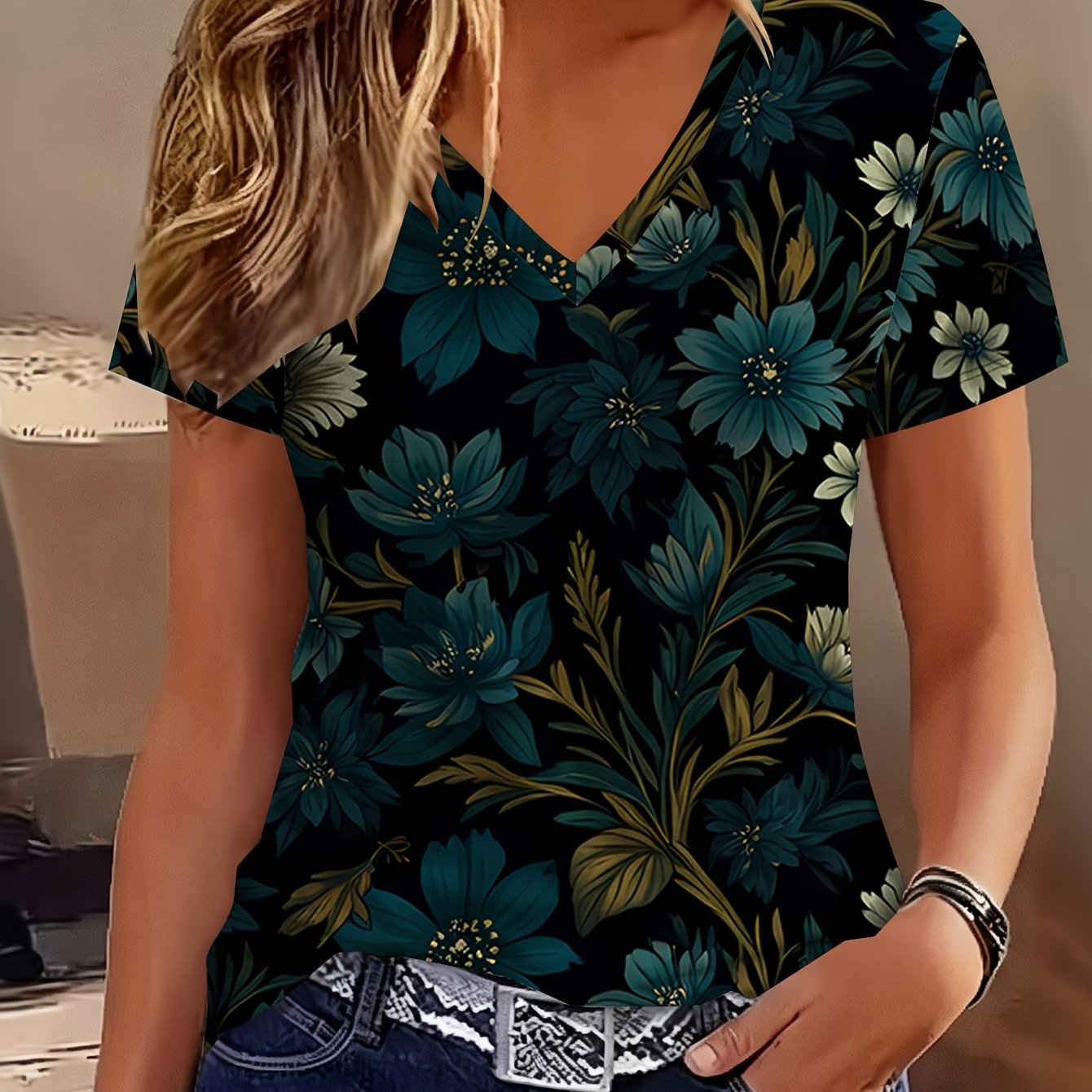 TEMU Women's Elegant V-neck Short-sleeve T-shirt - Vintage Dark Floral & Botanical Print Suitable For Summer, Deep Teal/navy On Black Casual Top,