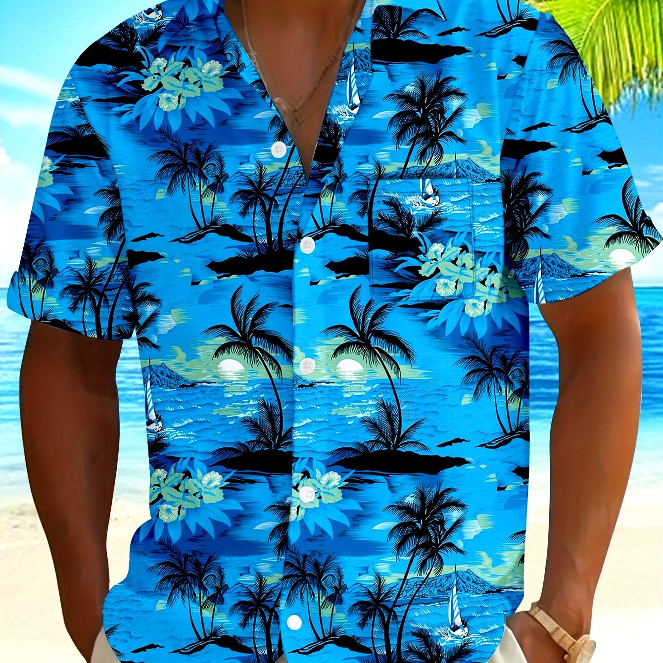 TEMU Keevoom Hawaiian Men's Short Sleeve Shirt Coconut Tree Pattern Button Shirt Beach Shirt With Pockets, Plus Size
