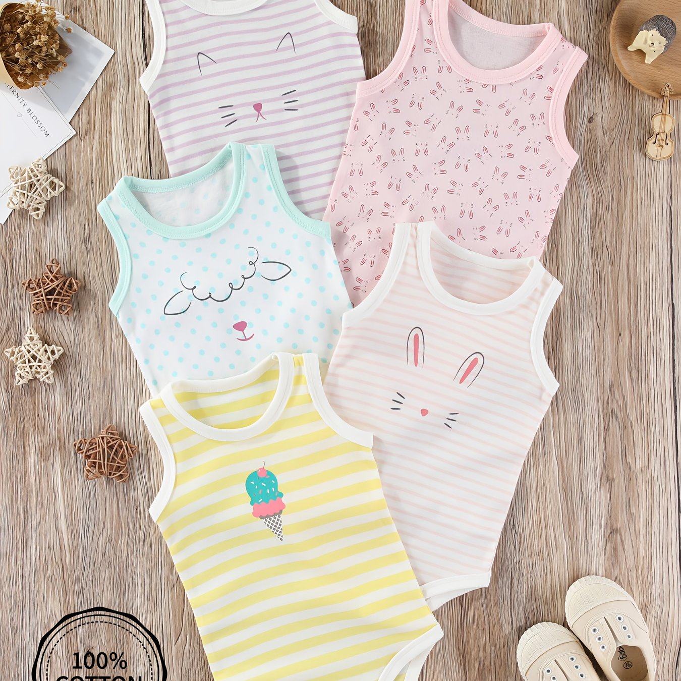 Image of 5pcs Pure Cotton Cartoon Striped Print Baby Girls' Romper Bodysuit 0-24m, Perfect For Outdoor