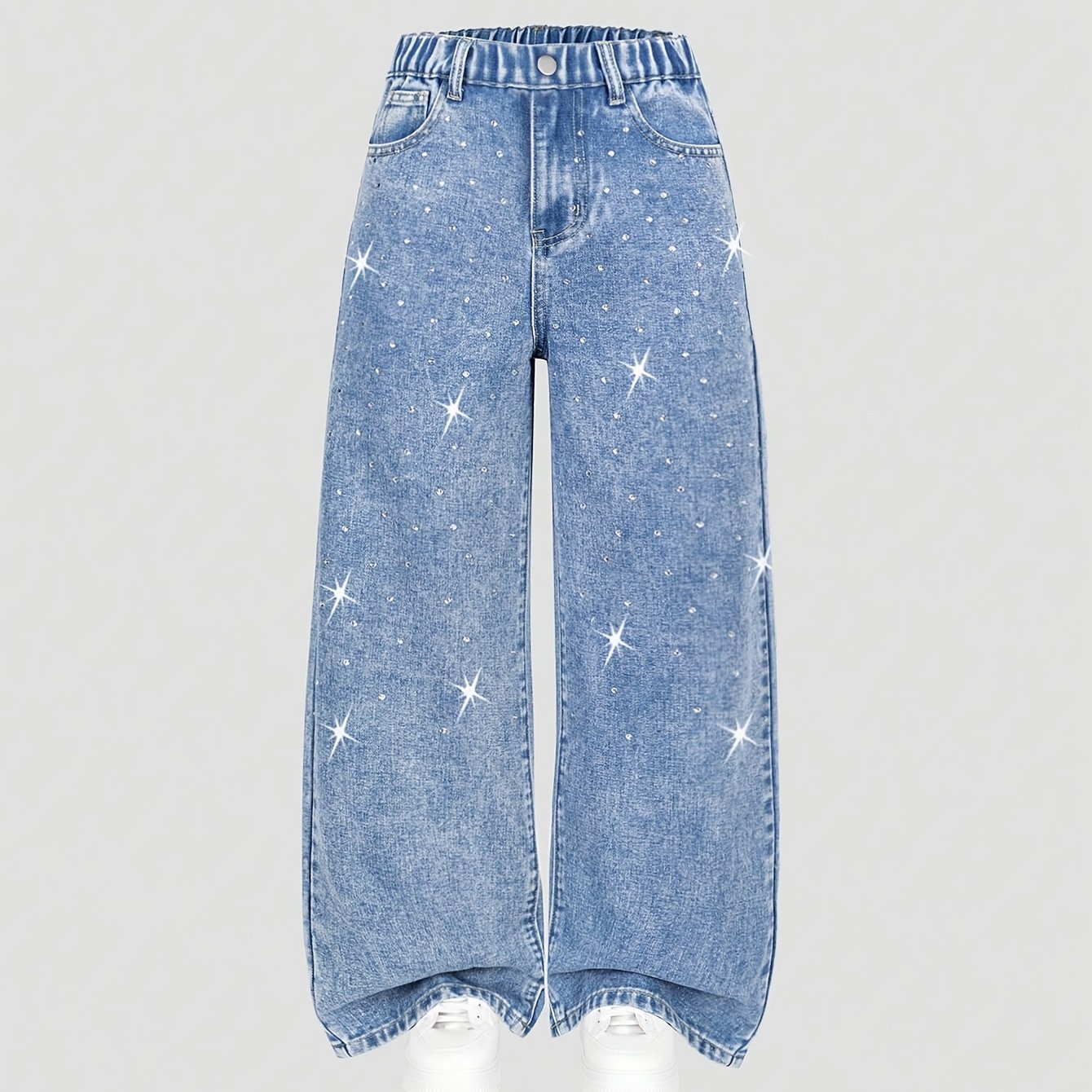 Girls' Fashion Jeans, Featuring Light Blue Washed Denim With Sparkling Diamond Embellishments, And . The Loose, Straight-leg Design And , Making Them Suitable For . The Elastic