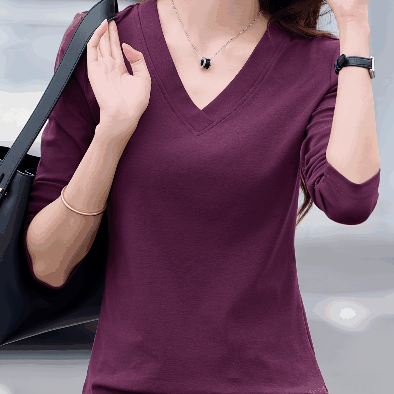 TEMU Women's Autumn And Comfortable Casual V-neck Base Layer Shirt