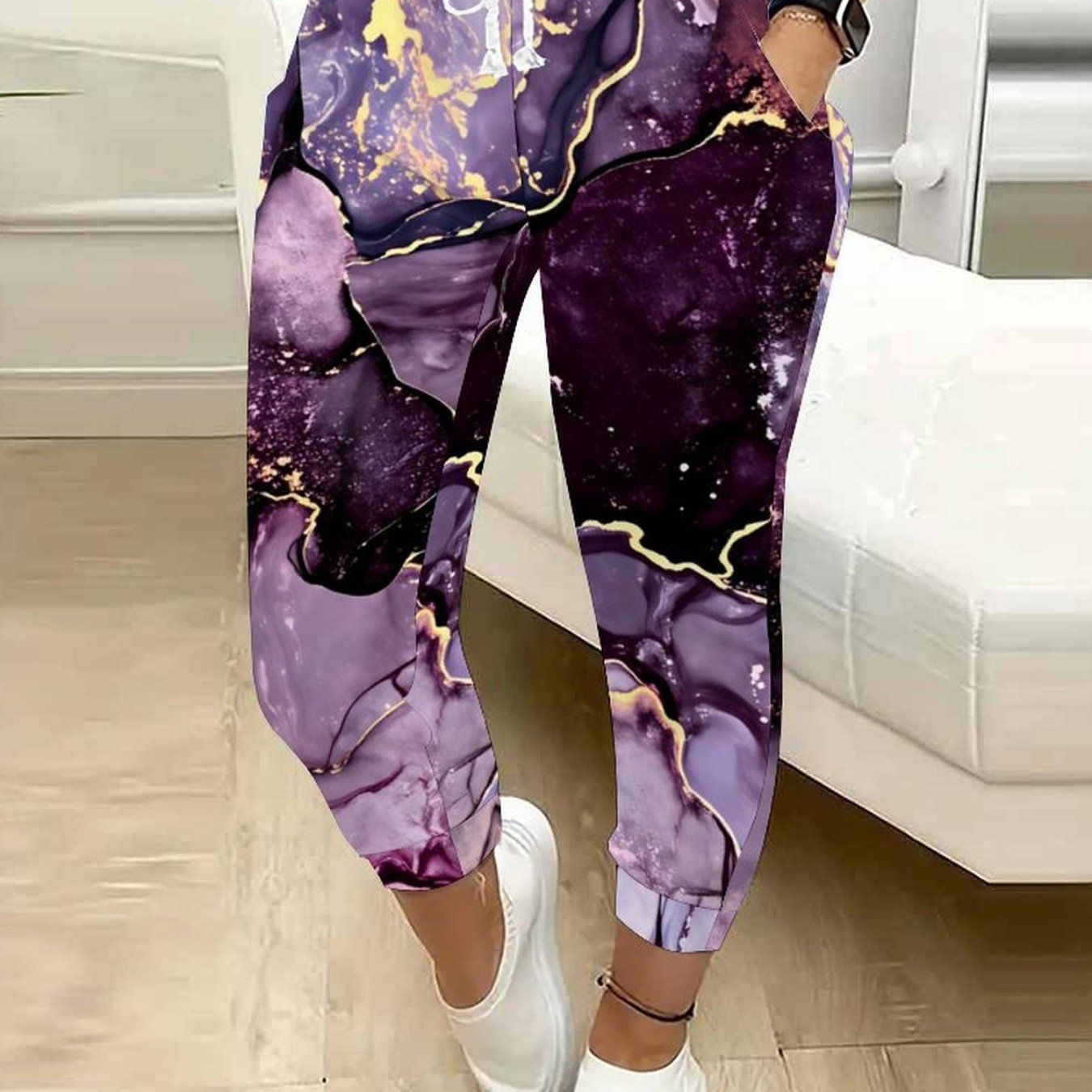 TEMU Classic Women's Casual Drawstring Pants With Marble Print, Suitable For Outdoor Play, And Daily Casual Wear