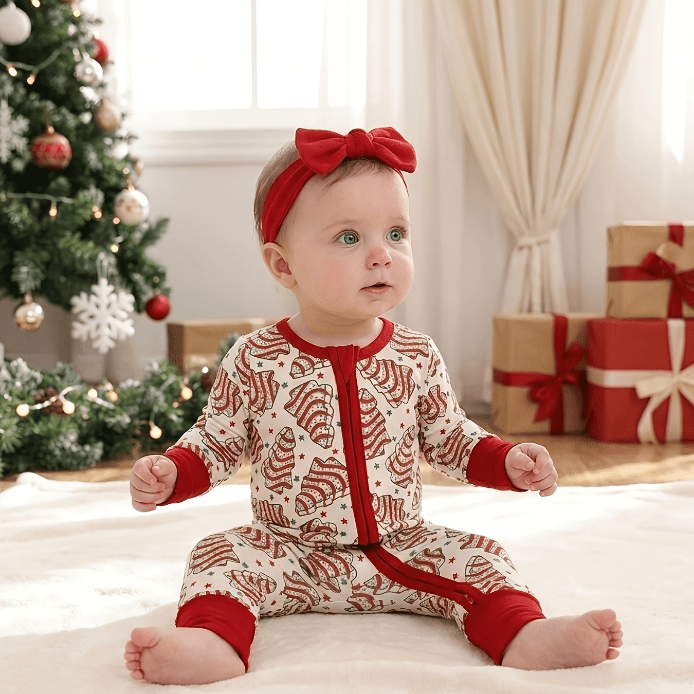 TEMU Bamboo Baby Romper With Mitten Cuffs Feet Cuff Newborn Boy Girl Zipper Sleep And Play With Anti Grips Bottom Feet Christmas Tree Cake