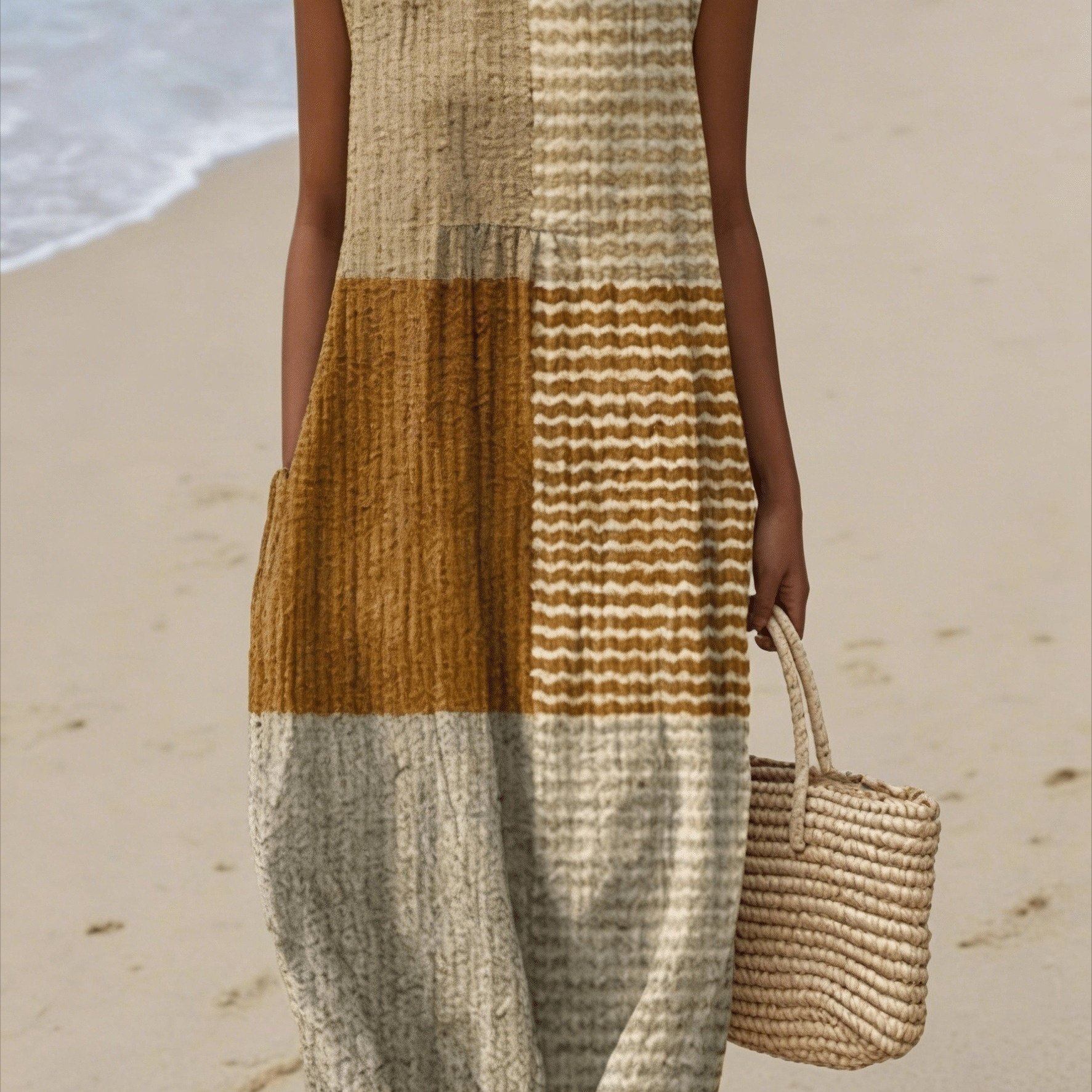 Image of Plus Size - Plus Size - Plus Size Women Sleeveless Tank Dress Loose Fit Casual Crew Neck With Side Pockets, Elegant Color Block Wavy Stripe Print Midi Dress, Modern , Perfect For Beach Daily Outing