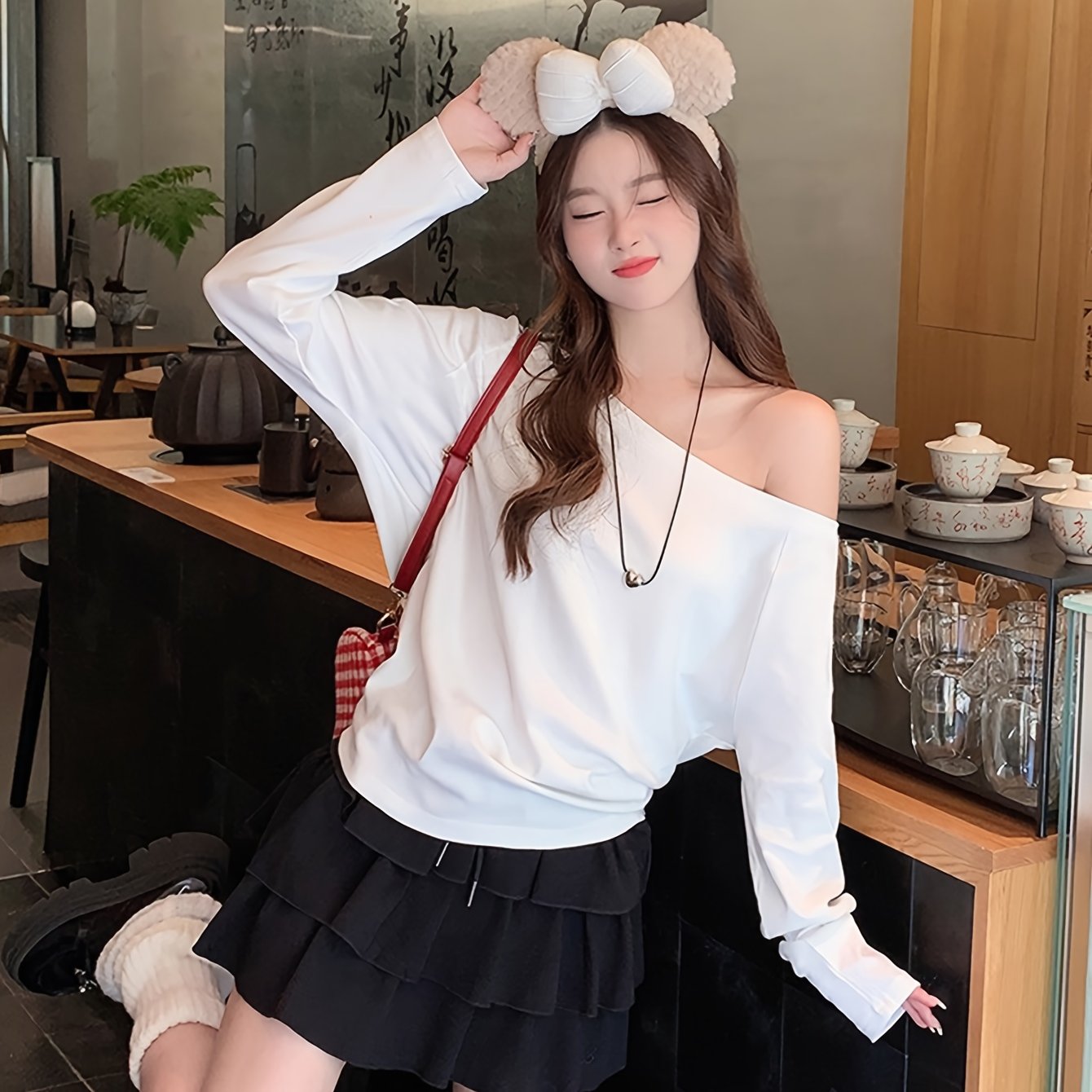 TEMU 여성용 화이트 루즈 오프숄더 긴팔 티셔츠, 베이스 레이어 탑으로 완벽
