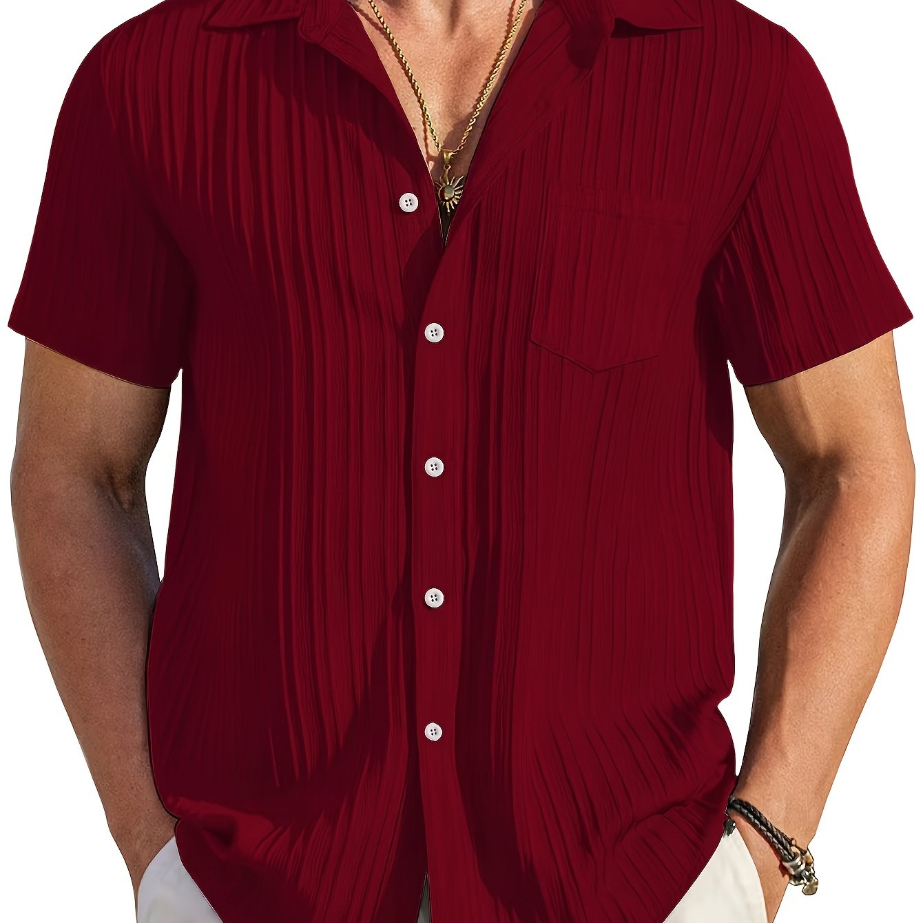 Men's Casual Short-sleeve Shirt - Solid Color, Polyester, Button-up With Chest Pocket, Machine Washable - Perfect For Summer