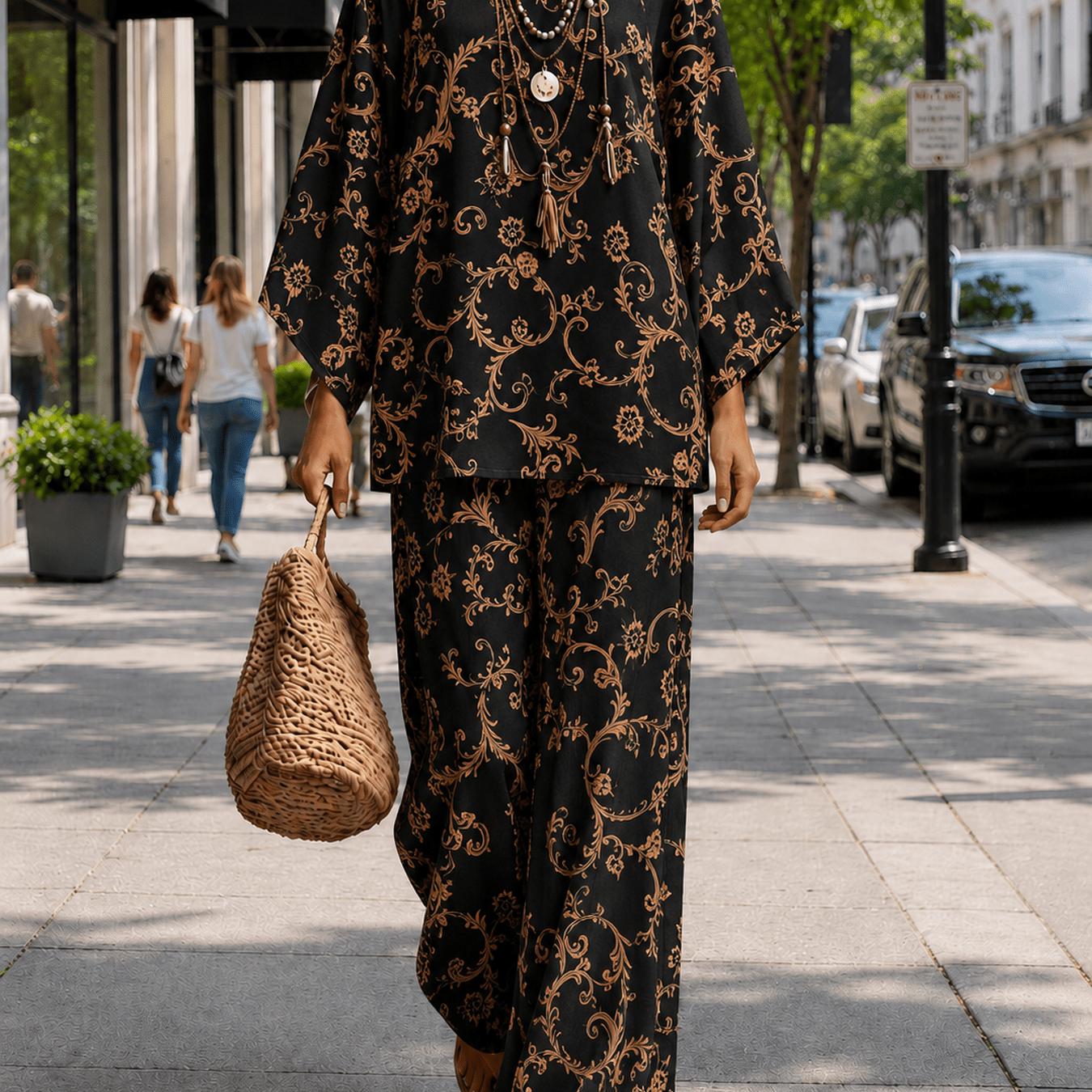 Image of Women's Sports Set, Vintage Scroll Print Women'-piece Coordinated Outfits, Crew Neck Long Sleeve Relaxed , Wide-leg Pants, Comfortable Casual Loungewear For Vacation, Suitable For Casual Sports Scenes