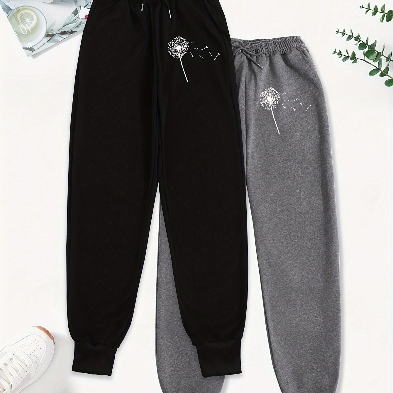 TEMU 2-pack Women's Casual Jogger Pants With Cartoon Dandelion Print, Drawstring Waist, Polyester Knit, Loose Fit, Pocket Detail, Sports Pants For
