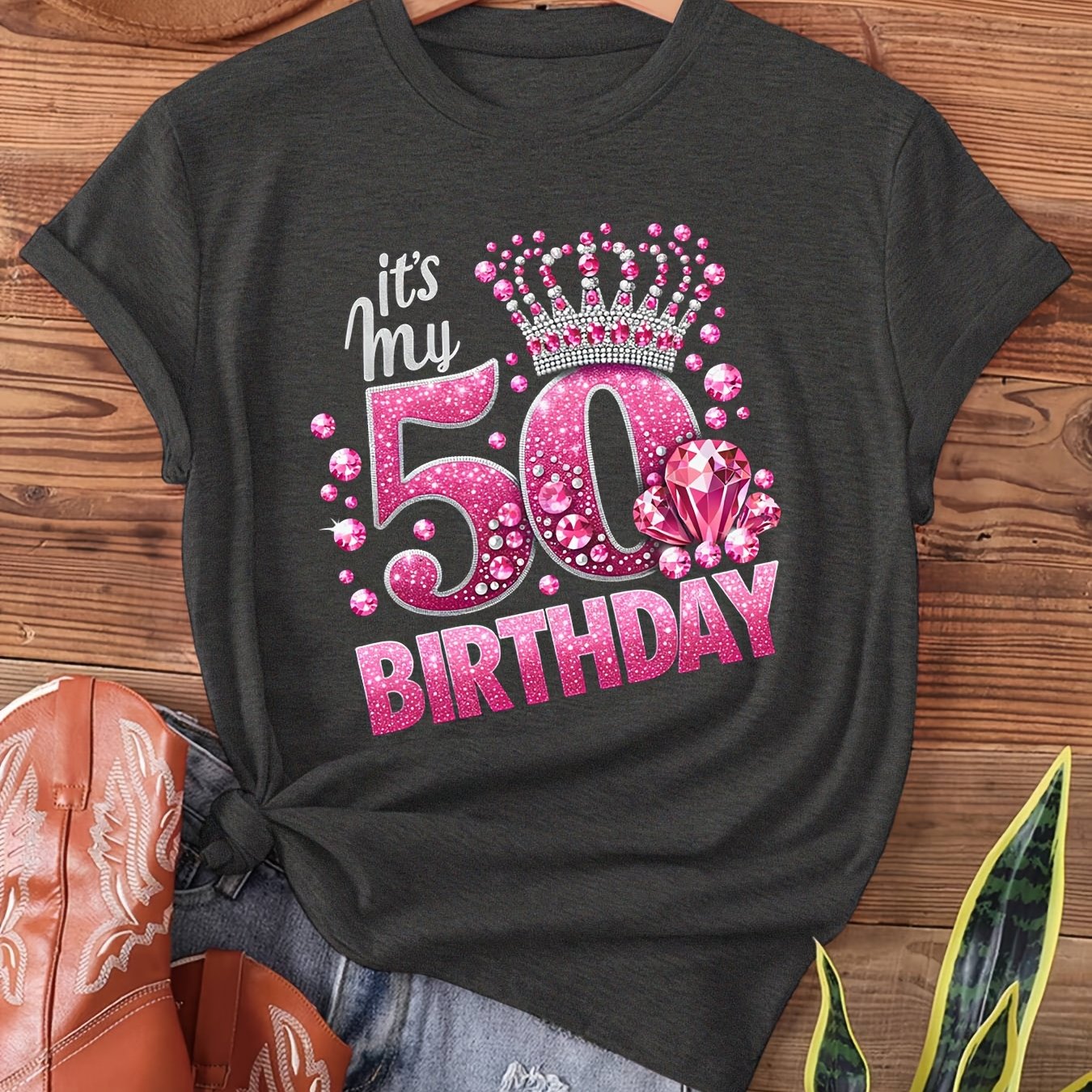 TEMU 50th Birthday Print T-shirt, Short Sleeve Crew Neck Casual Top For Summer & Spring, Women's Clothing