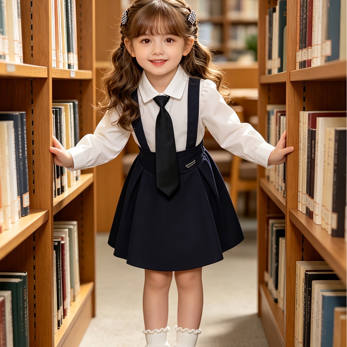 Image of Girl's Academy Two-piece Set: Suspender Dress And Long-sleeve Shirt, Perfect For Back-to-
