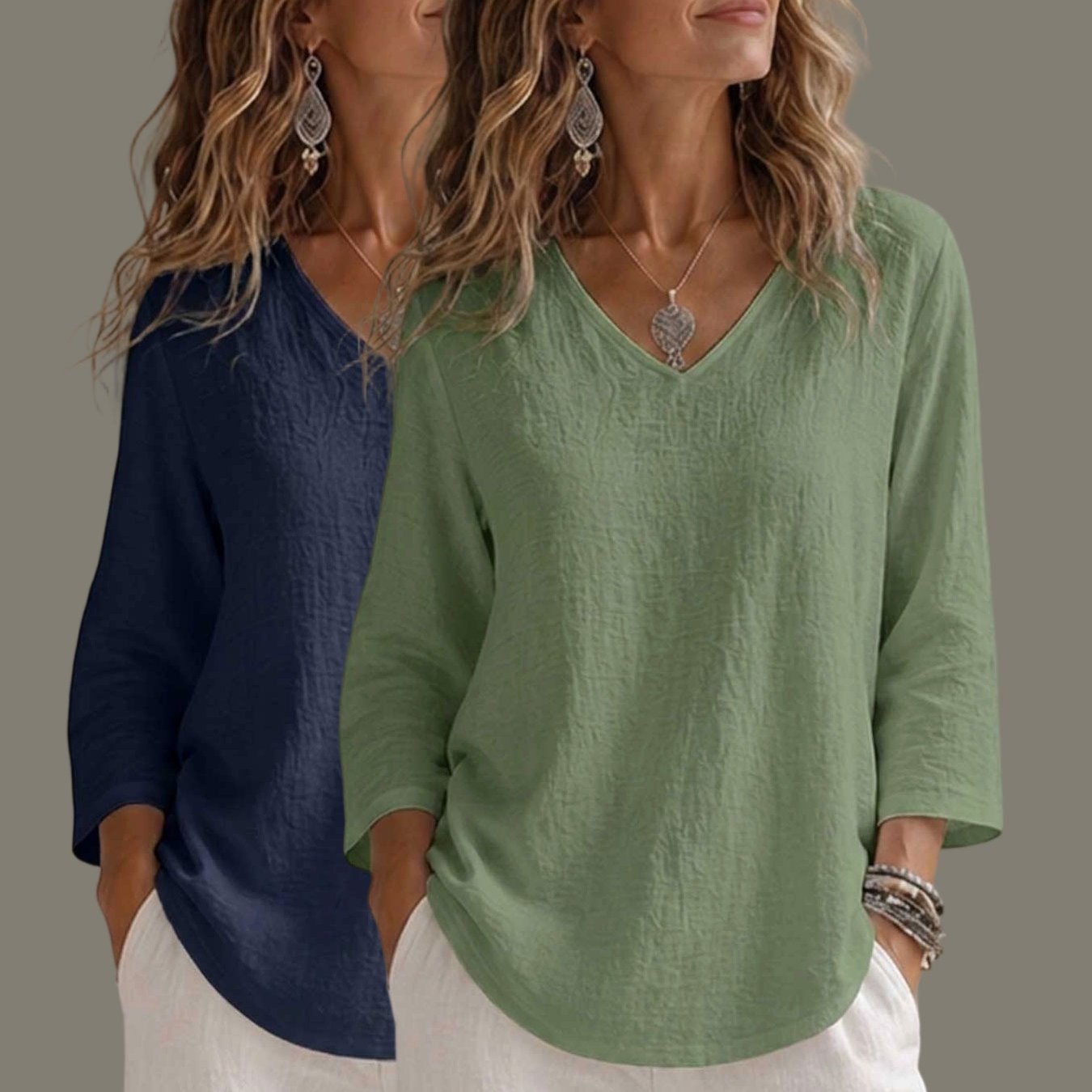 TEMU [solid Color 2pcs Set Qf] Spring Summer Women's Top, Outdoor Casual Elegant Loose Breathable V-neck 3/4 Sleeve Shirt