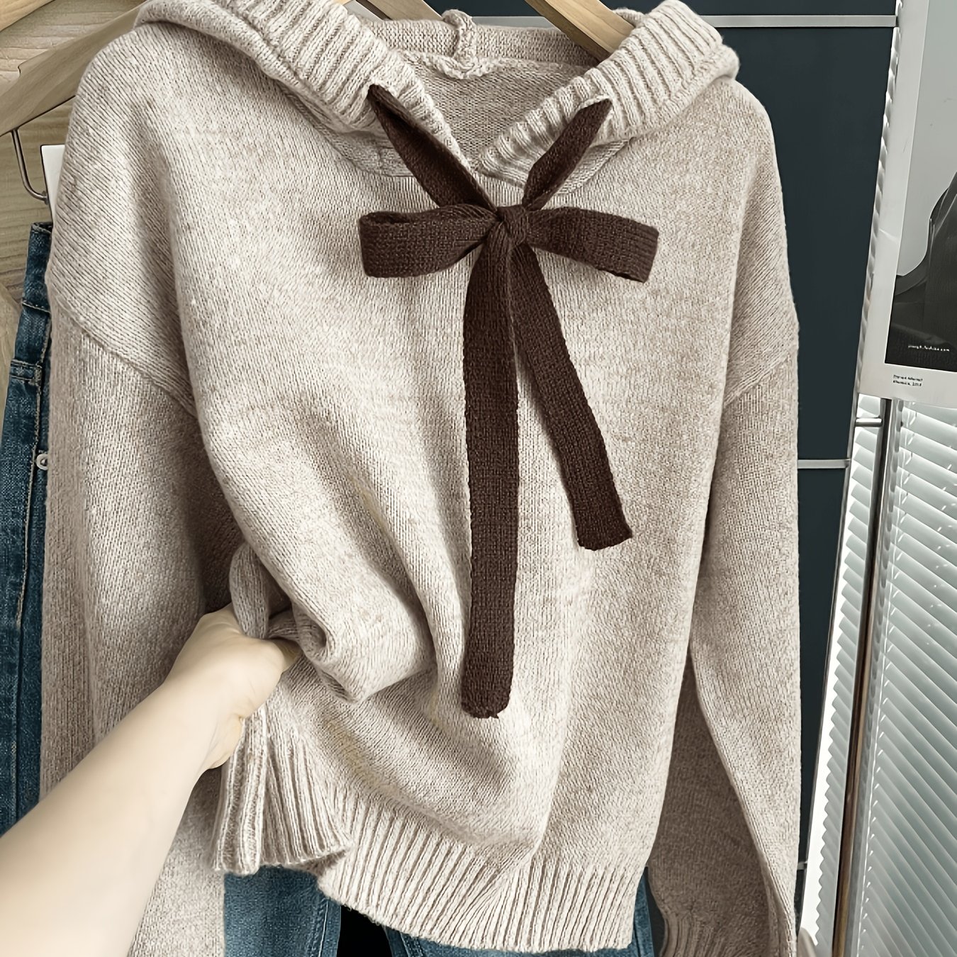 TEMU Women's Semi-sheer -neck Bow Hooded Sweater - Soft Loose-fit Sweater Suitable For Fall/winter, Machine Washable -compatible Top, Cozy Aesthetic