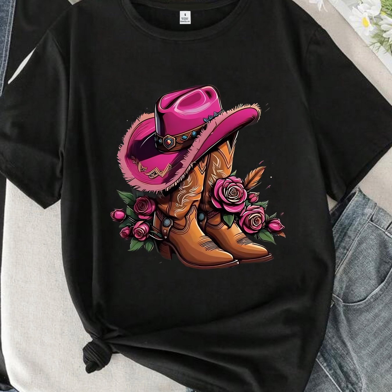 TEMU 25 1013 Tshirt Cowboy Hat Boots Roses Round Neck Women's Tshirt Short Sleeve Fashion Printed Half Sleeve Top Elastic Tee Apparel Clothes Outfits