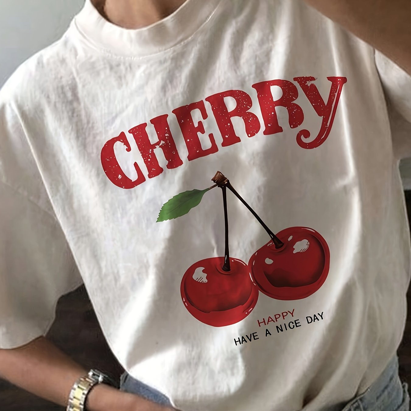 TEMU Cherry Print T-shirt, Short Sleeve Crew Neck Casual Top For Summer & Spring, Women's Clothing